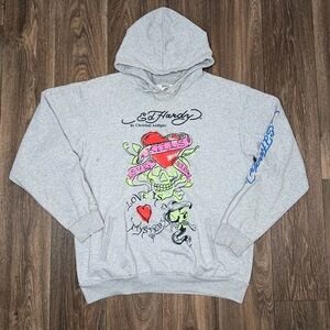 Vintage Ed Hardy Light Gray Hoodie with Vibrant Skull Design Men’s size Large